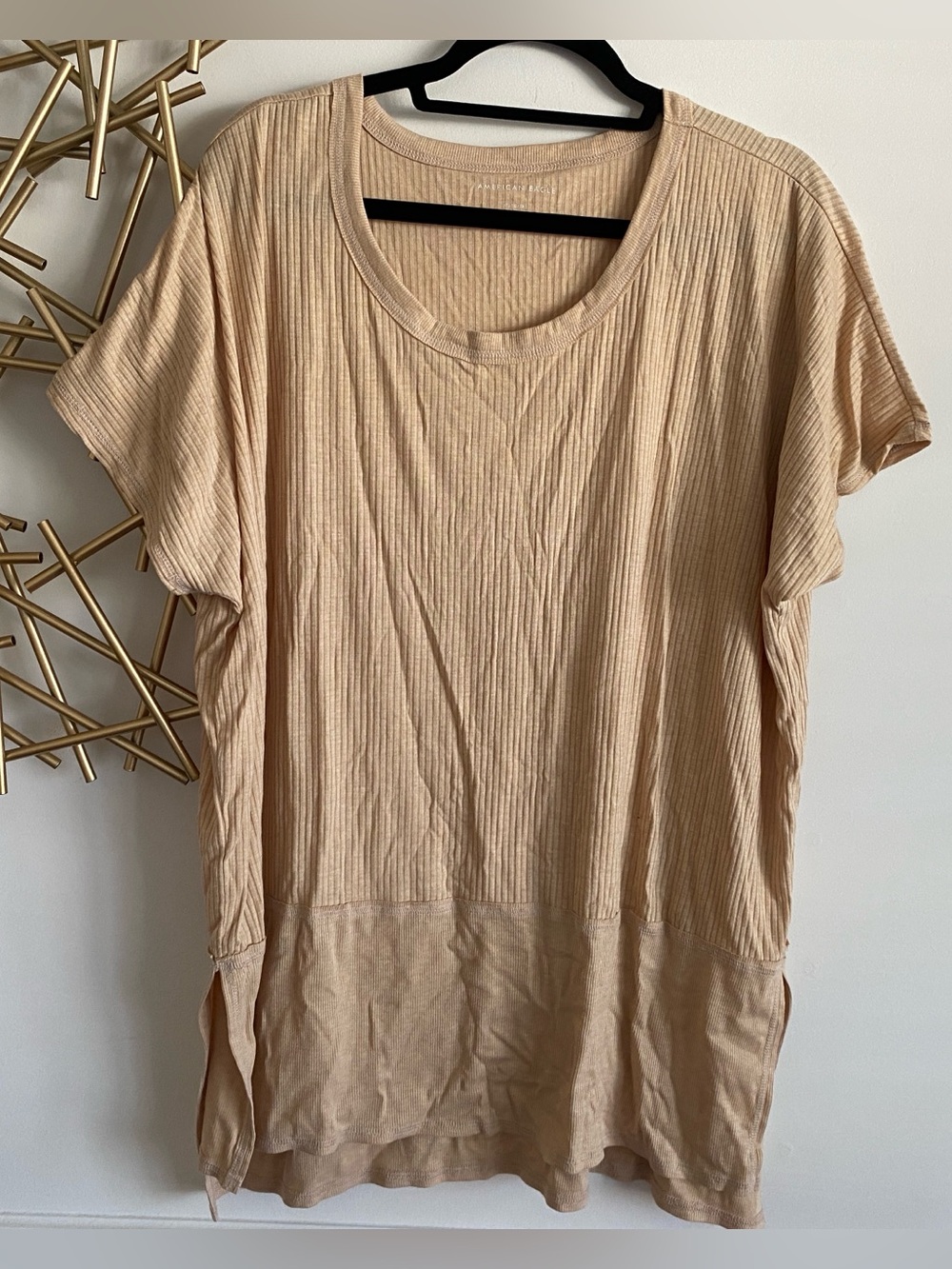 American Eagle Outfitters Tan Ribbed Scoop Neck Long Tunic Side Slit Tee Size XL